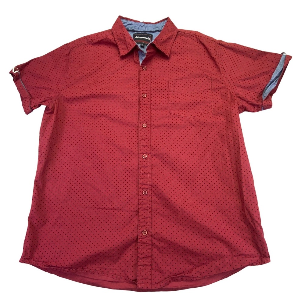 Aeropostale Button Down Shirt Men's XL‎ Red Polka Dot Short Sleeve Roll Sleeve